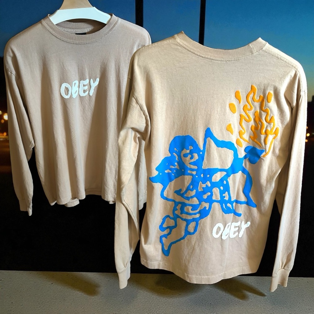 Obey | Cupid Fire Arrow Tan Graphic Long Sleeve T Shirt | Size Small #Streetwear